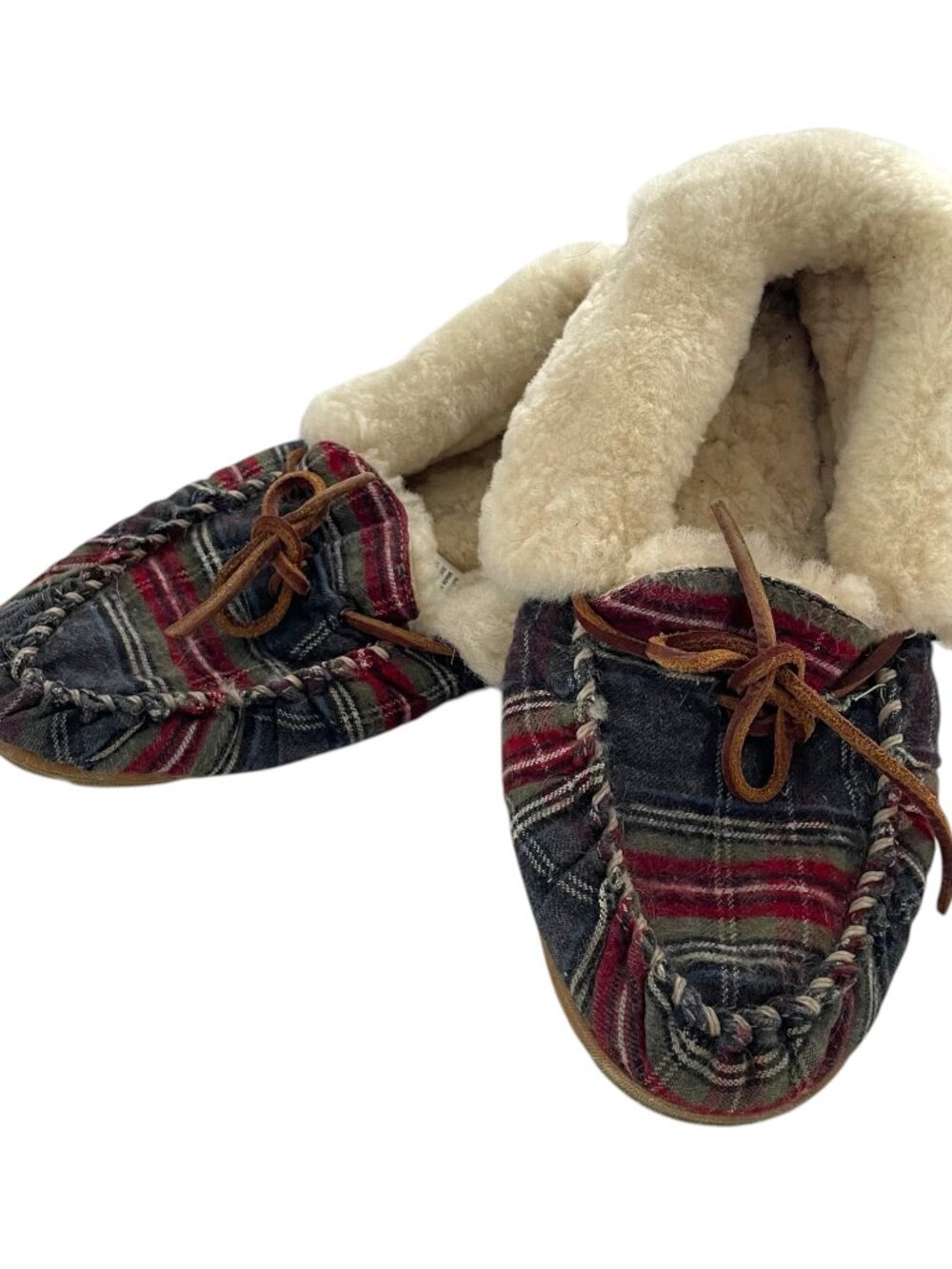 LL Bean Wicked Good Slippers Sz 10 Moccasins Gray Plaid Flannel Shearling Lined
